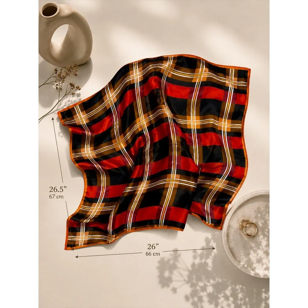 Orange Red Black Plaid Square Scarf Large Geometric Retro‎ Mod Head Wrap Wildrag